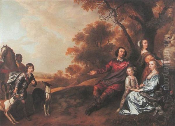 A Family Group Portrait Of A Lady And Gentleman, Their Son, Two Daughters With Dogs And A Horse Held By A Blackamoor Oil Painting by Jan Mytens