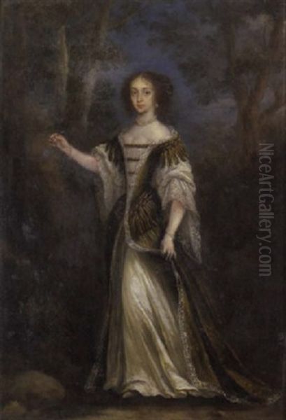 A Portrait Of A Lady In A Wooded Glade Writing An Inscription On The Bark Of A Tree Oil Painting by Jan Mytens