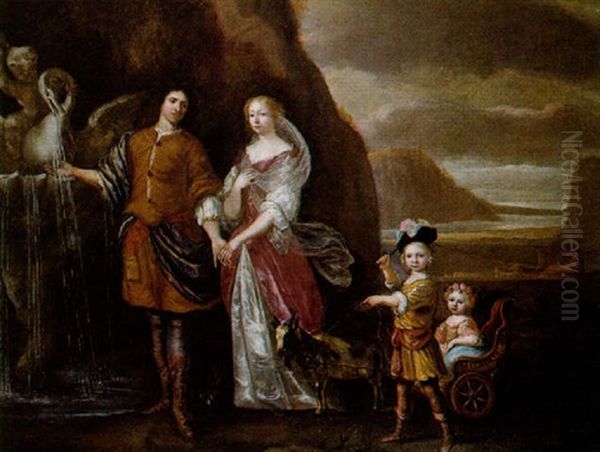 A Gentleman And His Wife As Rebecca And Eliezer At The Well, With Their Son And Daughter Oil Painting by Jan Mytens