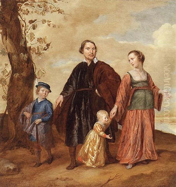 Portrait Of Wilhelmus Suerendonck With His Wife Susanna Brossaert And Their Sons Andreas And Petrus In A Landscape Oil Painting by Jan Mytens