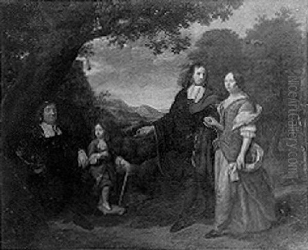 Group Portrait Of A Family In A Landscape: A Gentleman And His Wife Standing, Pointing To Their Son Oil Painting by Jan Mytens