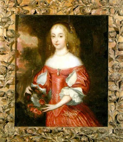 Portrait Of A Lady, Wearing A Red Silk Dress, Holding A Garland Of Roses Oil Painting by Jan Mytens