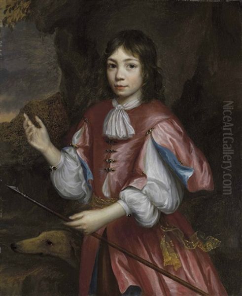 Portrait Of A Boy With A Dog And Spear, Three-quarter-length, A Rocky Landscape Beyond Oil Painting by Martin (Martinus I) Mytens