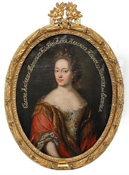 Portratt Av Anna Margareta Holmer Gift Med Konteramiralen Friherre Johan Jakob Bogeman Kladd I Brokadklanning Med Rod Drapering Oil Painting by Martin (Martinus I) Mytens