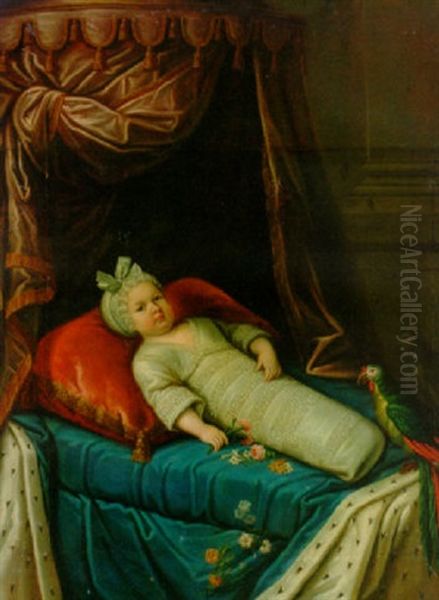 Portrait Of A Child (the Infant De France?) In Swaddling Clothes With A Parrot On A Canopied Bed With An Ermine Lined Cover And A Crimson Cushion Oil Painting by Martin (Martinus I) Mytens