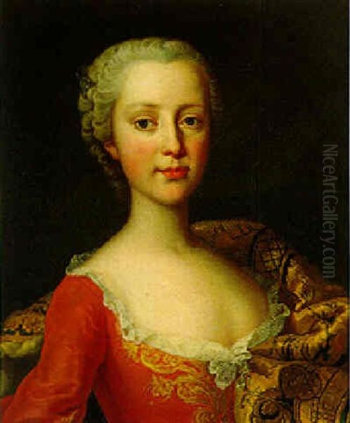 Portrait Of A Lady In Red Dress With Brocade Shawl Oil Painting by Martin (Martinus I) Mytens