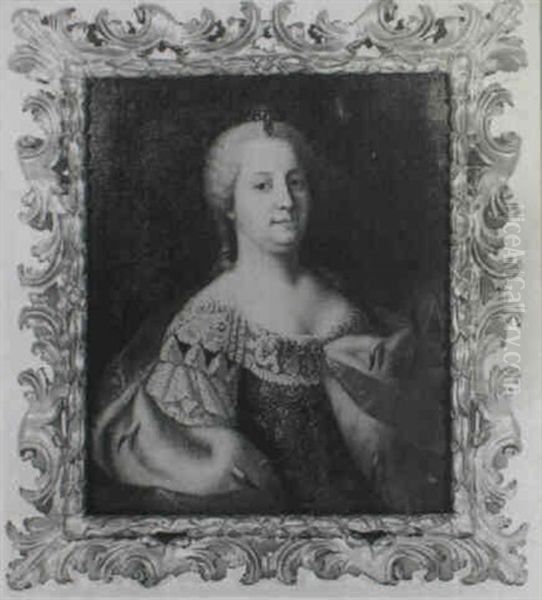 Portrait Of Empress Maria Theresa, Bust Length...the Crown  Of Hungary Beside Her Oil Painting by Martin (Martinus I) Mytens