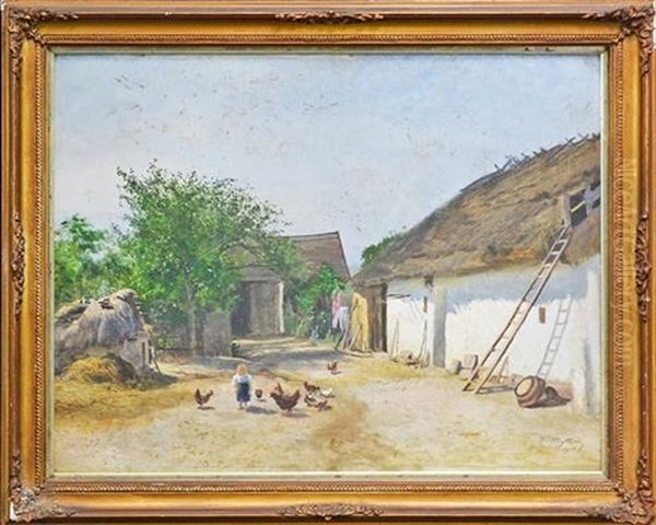 Feeding The Chickens, Austria Oil Painting by Viktor Mytteis