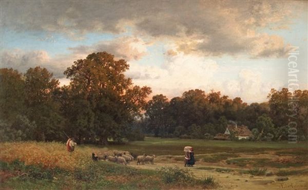 Sheep In The Field Oil Painting by Wilhelm Julius August Nabert