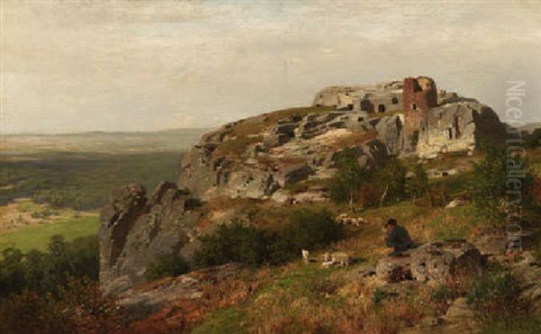 Schafer Mit Herde Vor Der Burgruine Kynast Im Riesengebirge Oil Painting by Wilhelm Julius August Nabert