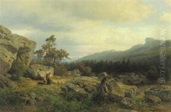 Gebirgslandschaft Mit Einer Schaferin, Ihrem Kind Und Ihrer Herde Oil Painting by Wilhelm Julius August Nabert