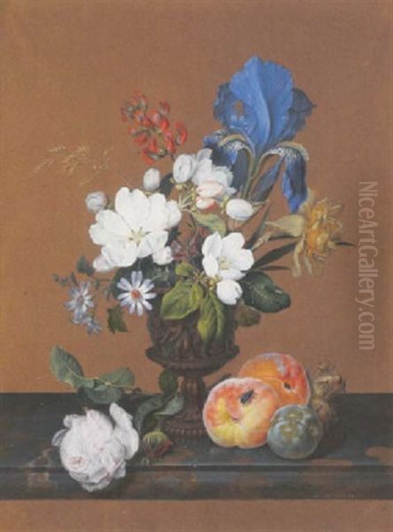 A Vase Of Roses, An Iris, Blue Daisies And Other Flowers On A Ledge With A Fly Setting On Two Peaches An A Greengage Oil Painting by Franz Xaver Nachtmann