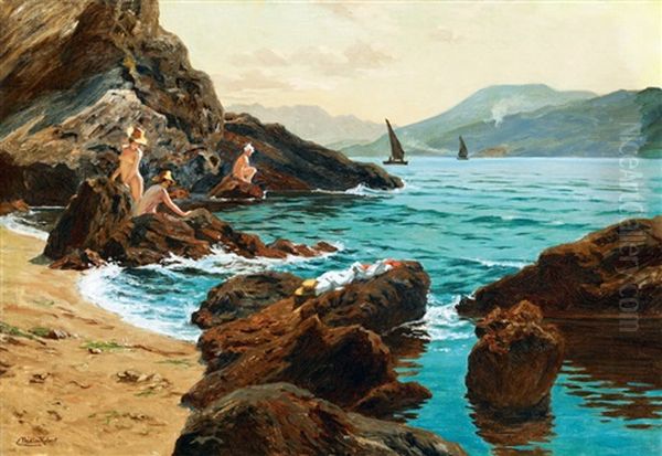 Croatian Beach With Bathers (dalmatia) Oil Painting by Robert Nadler