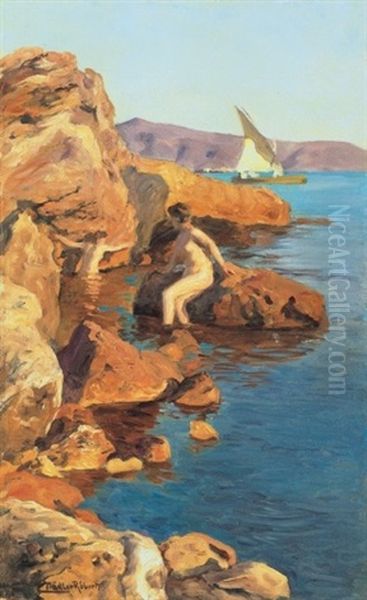 Piheno Akt A Tengerparton, Dalmacia - Reclining Nude At The Seaside, Dalmacia Oil Painting by Robert Nadler