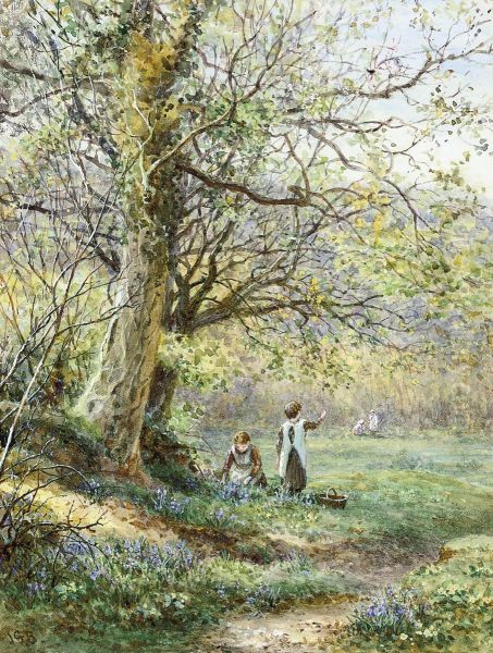 Picking Bluebells, Haslemere, Surrey Oil Painting by James Georges Bingley