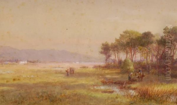 Country Figures In Extensive Tuscany Landscape Near The Mouth Of The River Arno Oil Painting by James Georges Bingley