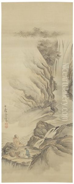 Li Bo Viewing A Waterfall And Du Fu In Contemplation Oil Painting by Rosetsu Nagasawa