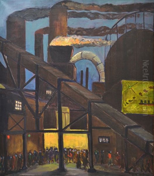 Factory At Night Oil Painting by Valenin Nagel