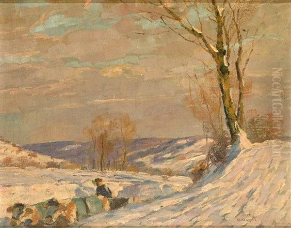 Bauer Mit Ochsengefahrt In Sonnig Beleuchteter Schneelandschaft Oil Painting by Wilhelm Nagel