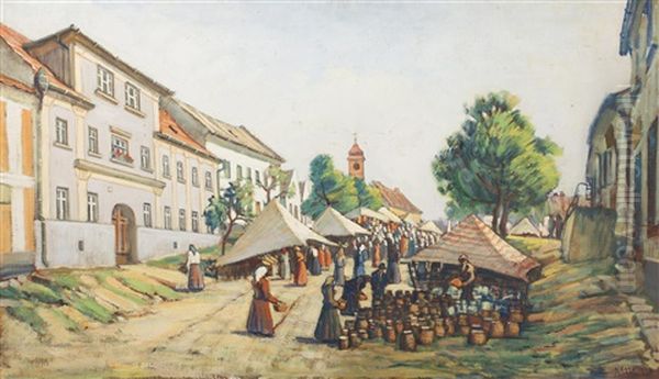 Village Market Oil Painting by Frantisek Nagl