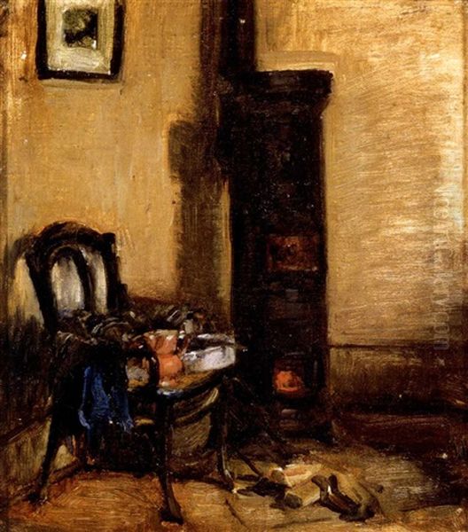 Szobabelso Kalyhaval - Kalyha Szekkel (interior With A Stove - Stove And Chair) Oil Painting by Janos Nagy Balogh