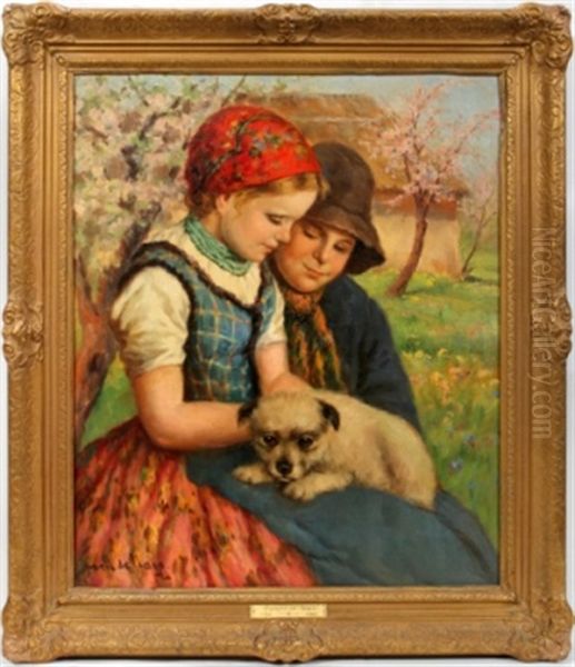 Boy And Girl With Puppy Oil Painting by Ernest De Nagy