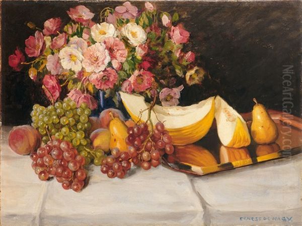 Stilleben Mit Melonen, Trauben, Birnen Und Prachtvollem Mohnblumenstraus Oil Painting by Ernest De Nagy