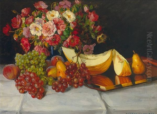 Stilleben Mit Melonen, Trauben, Birnen Und Prachtvollem Mohnblumenstraus Oil Painting by Ernest De Nagy