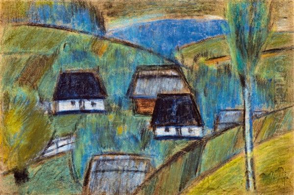 Transsylvanian Landscape (hill-side With Houses) Oil Painting by Istvan Nagy