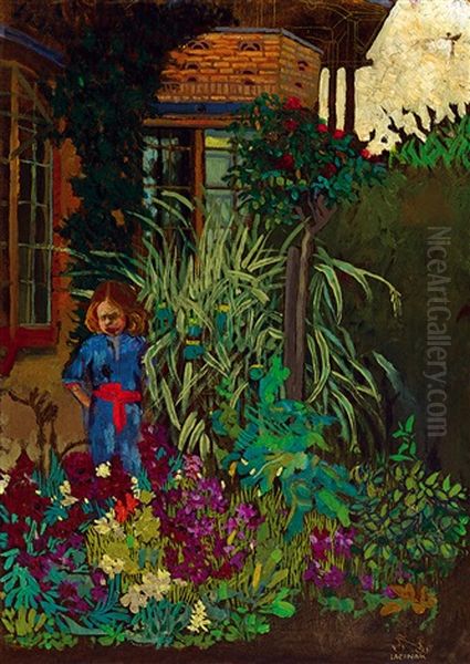 The Artist's Flower Garden In Godollo (pintyo In The Garden) Oil Painting by Sandor Jozsef Nagy