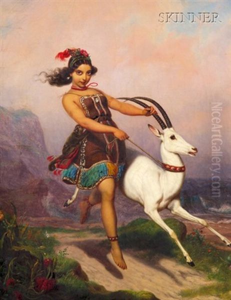 Girl And Her Gazelle Prancing Through The Hills Oil Painting by Charles Christian Nahl