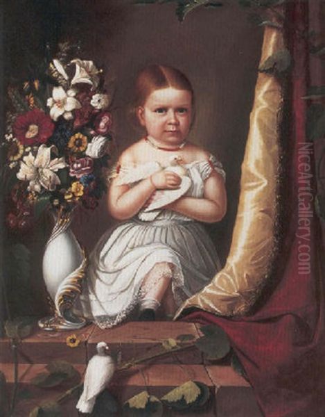 A Portrait Of A Child In A White Dress Holding Doves Oil Painting by Charles Christian Nahl