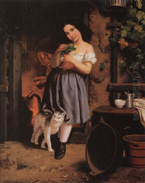 A Young Girl With Cat Oil Painting by Charles Christian Nahl