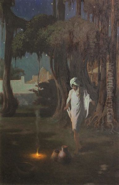 Young Arab By A Fire Oil Painting by Perham Wilhelm Nahl