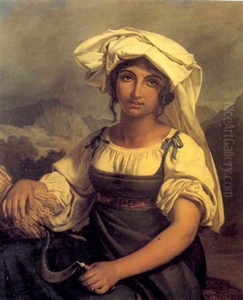 Portrait D'une Jeune Paysanne Dans Un Paysage Oil Painting by Jean Guillaume Elsidor Naigeon