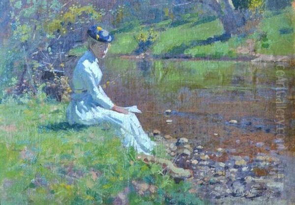 Lady By The Riverbank Oil Painting by James M. Nairn