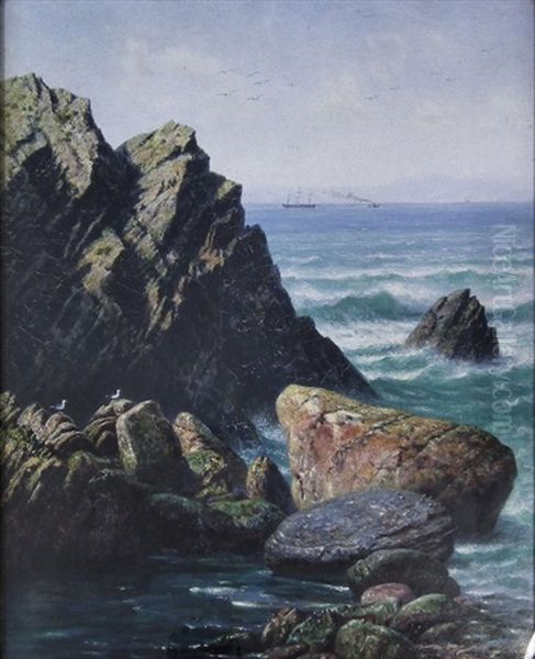 The Shutter Rock, Lundy Island (+ The Ebbing Tide, Pair) Oil Painting by John George Naish