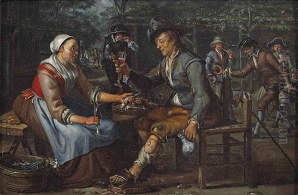 A Woman Offering An Onion And Herring To A Young Man Holding A Glass Of Beer, Others Smoking And Playing Skittles Behind Them Oil Painting by Matthys Naiveu