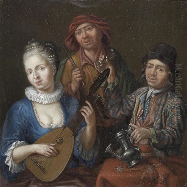 A Woman Playing A Lute, Seated At A Table With Others Drinking Oil Painting by Matthys Naiveu