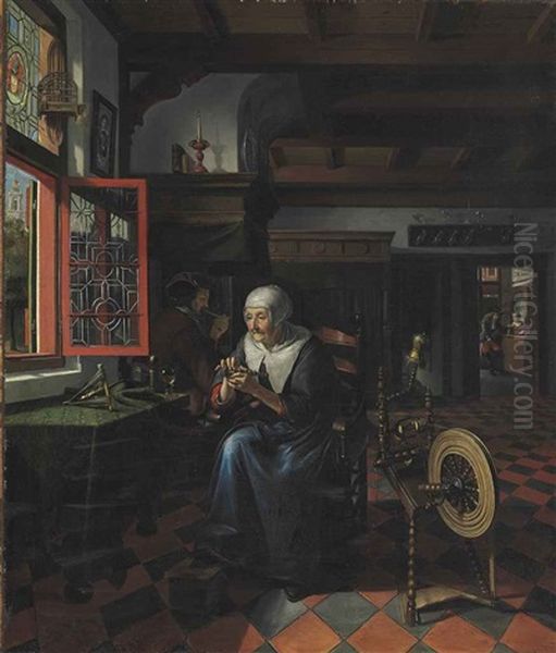 Interior With A Gentleman Smoking A Pipe And An Old Woman At Her Spinning Wheel Oil Painting by Matthys Naiveu