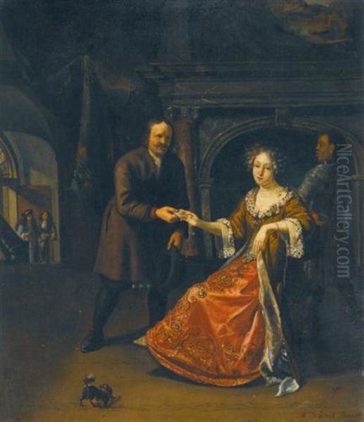 An Elegant Lady Seated In An Interior Receiving A Letter From A Footman Oil Painting by Matthys Naiveu