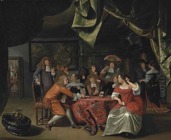 Elegantly Dressed Figures Playing Cards At A Draped Table In An Interior Oil Painting by Matthys Naiveu