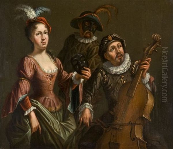 Personnages De La Comedia Dell'arte Et Joueur De Viole Oil Painting by Matthys Naiveu