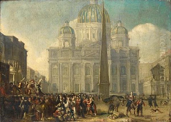 Figures Dancing On A Stage In The Piazza San Pietro, Rome Oil Painting by Matthys Naiveu