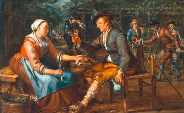 Dorfszene Mit Fischverkauferin Und Soldaten Beim Jeu-de-boule Spiel Oil Painting by Matthys Naiveu