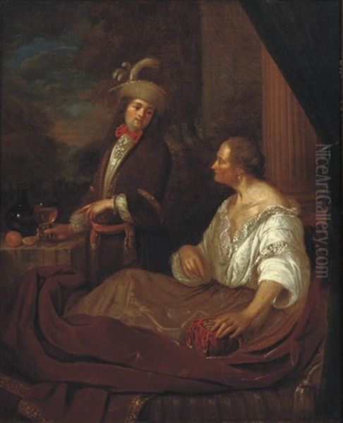 A Gentleman Visiting An Old Lady On A Terrace by Matthys Naiveu