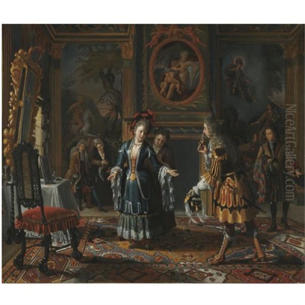 A Sumptuous Interior With An Elegantly Dressed Gentleman Paying Court To A Lady Oil Painting by Matthys Naiveu