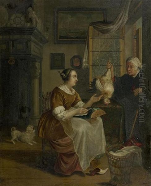 Interieur Mit Hausherrin Und Einer Baurin, Die Durchs Fenster Ein Huhn Zum Verkauf Anbietet Oil Painting by Matthys Naiveu