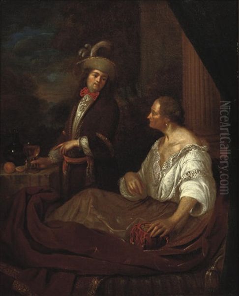 A Gentleman Visiting An Old Lady On A Terrace Oil Painting by Matthys Naiveu