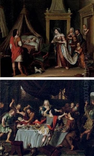 Absalon Having His Half-brother Amnon Killed At A Banquet (+ The Reconciliation Of Absalon With His Father, King David; Pair) by Matthys Naiveu